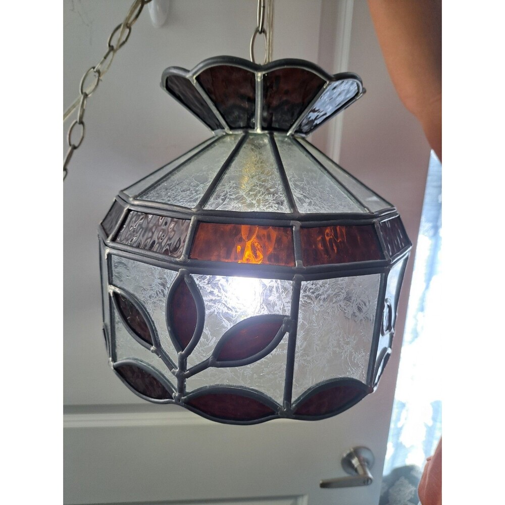 Vintage Tiffany Style Stained Slag Amber Frost Glass Hanging Light Shade W/Plug